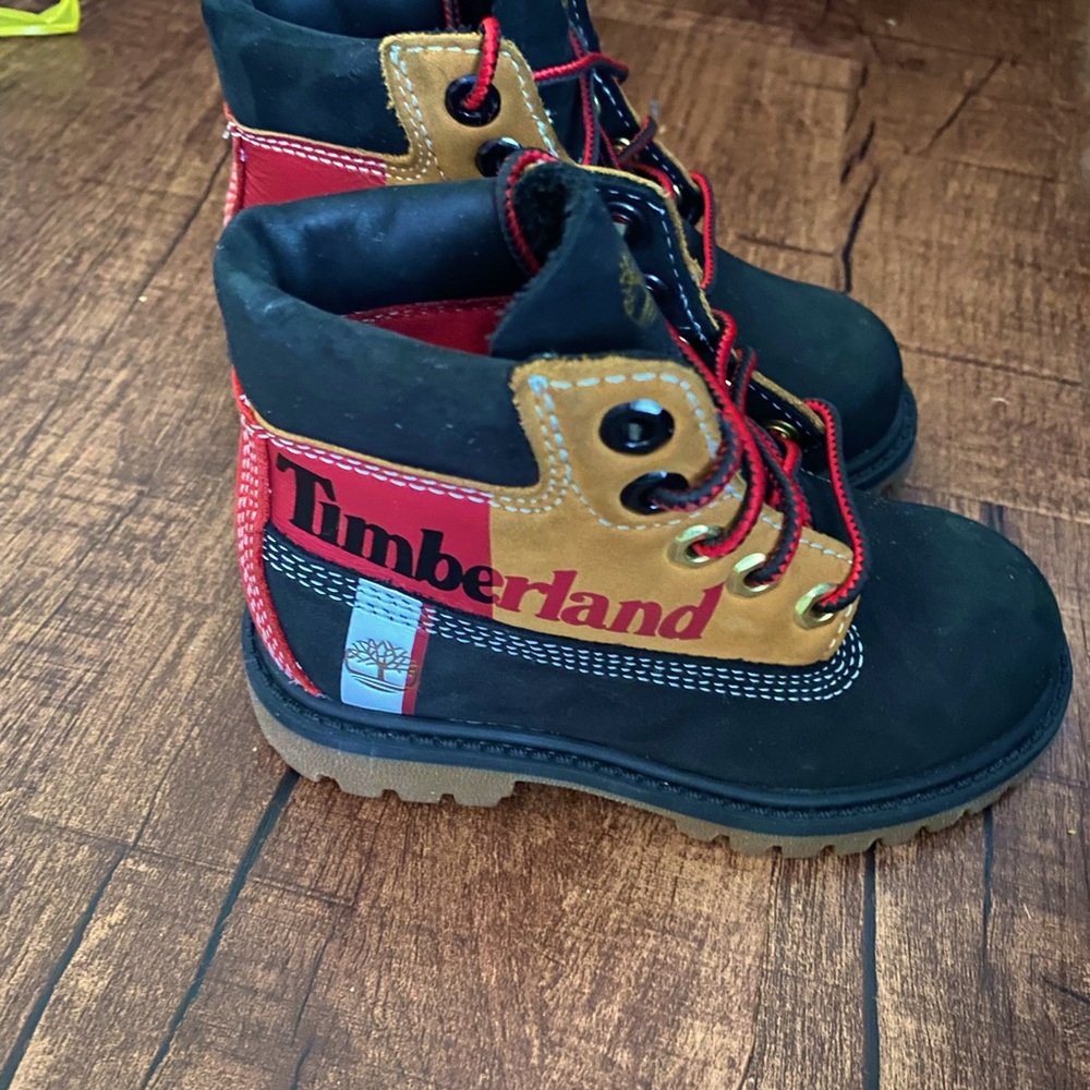8 toddler black red and wheat Timberland boots